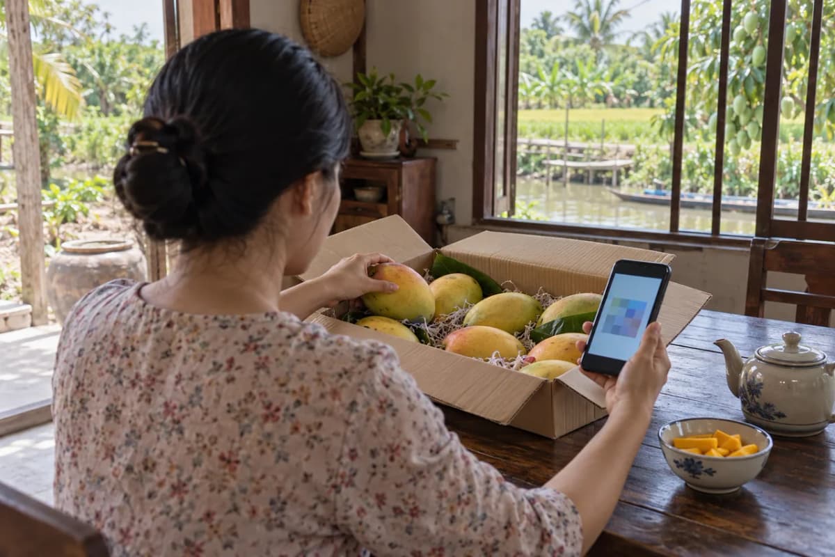 Người mua mở thùng xoài mới nhận và xem thông tin sản phẩm trên điện thoại